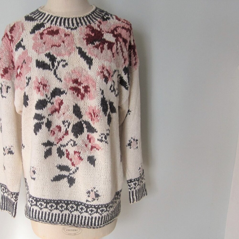 Hand Knit by Studio One Sweater in Beige with Large Pink Roses